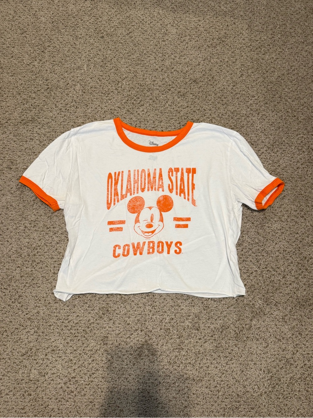 Disney White & Orange Oklahoma State Cowboys Mickey Cropped Ringer Tee